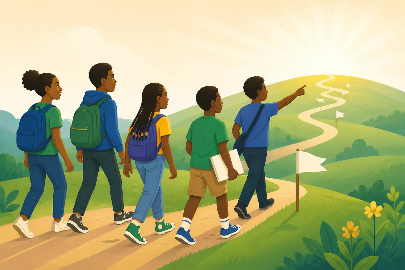 Children walking together up a hill toward a bright horizon